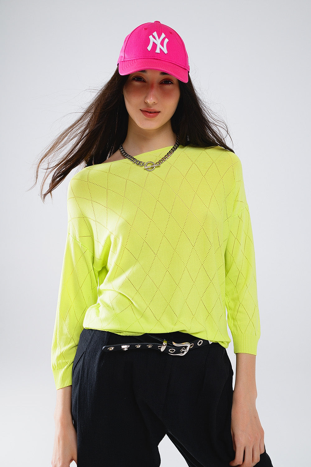 Camisola de cor lima com estampado Argyle e gola boat