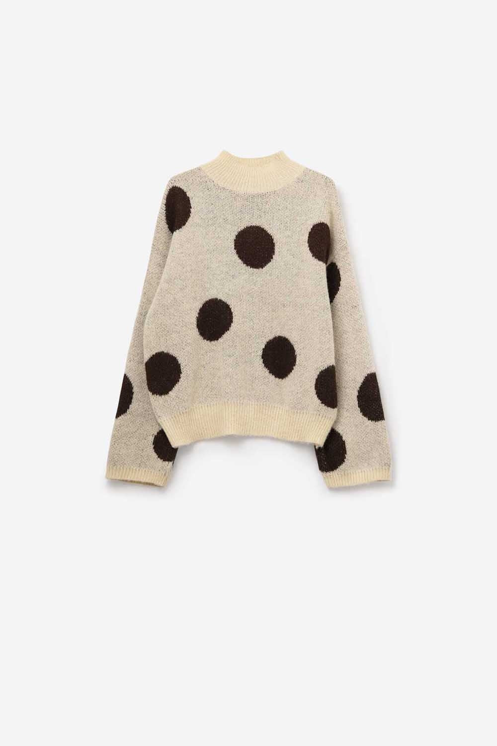 Camisola de gola alta às bolinhas com mangas em sino em creme
