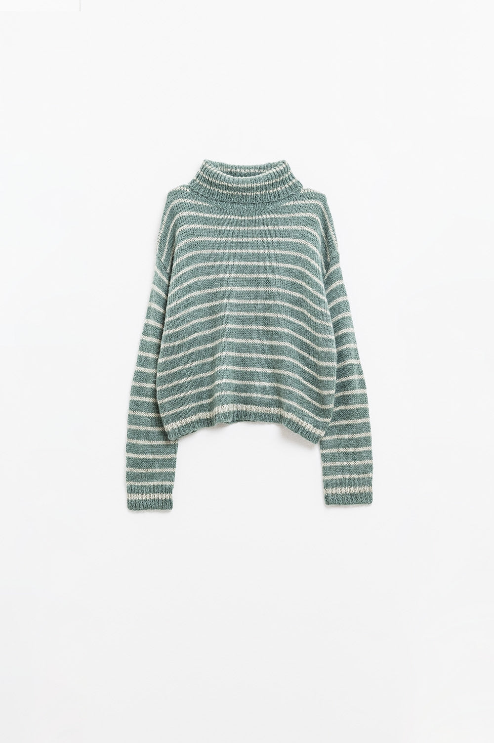 Q2 camisola de gola alta às riscas em malha macia verde