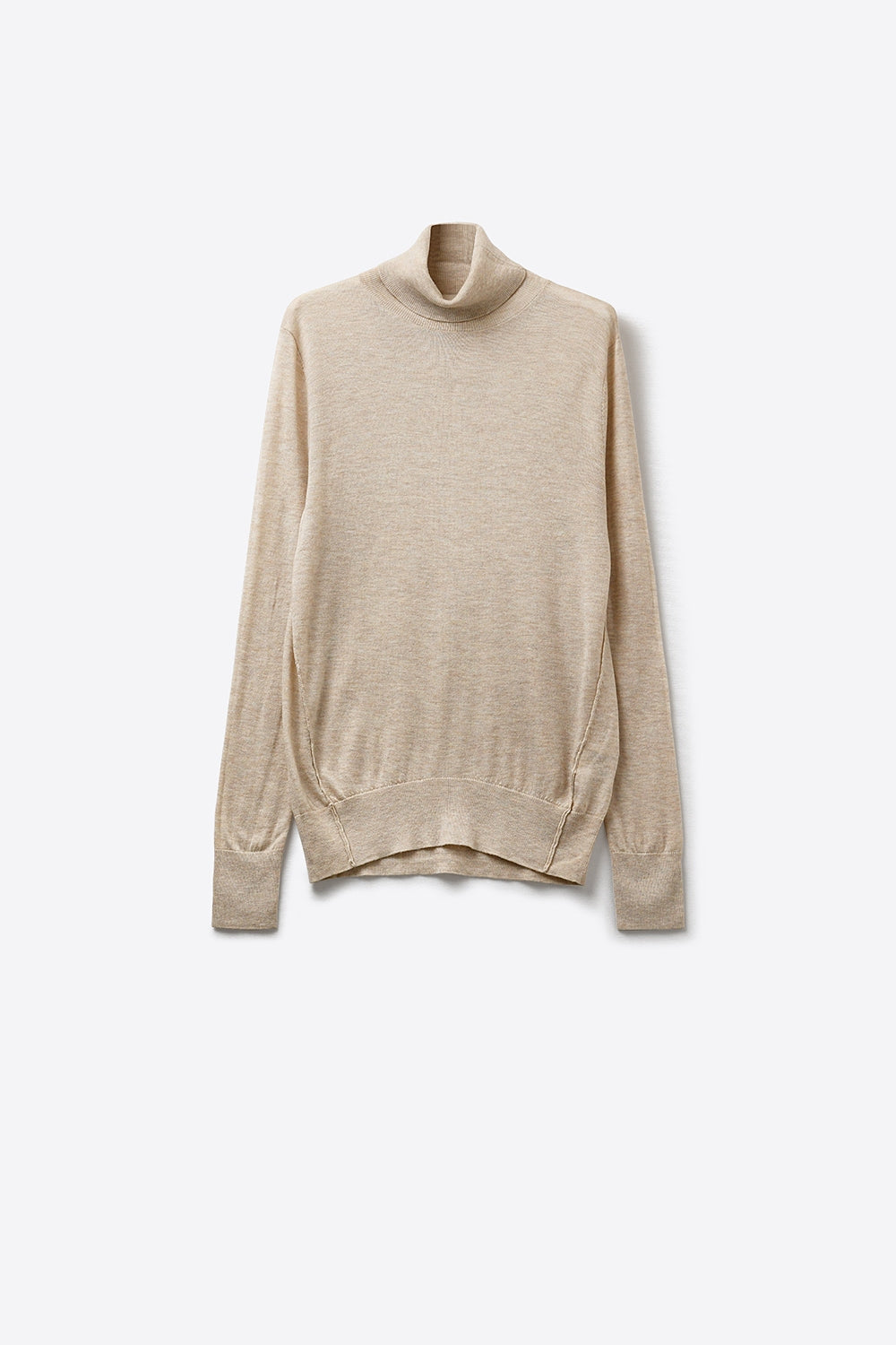 Q2 Camisola de gola alta bege em malha fina de lã merino