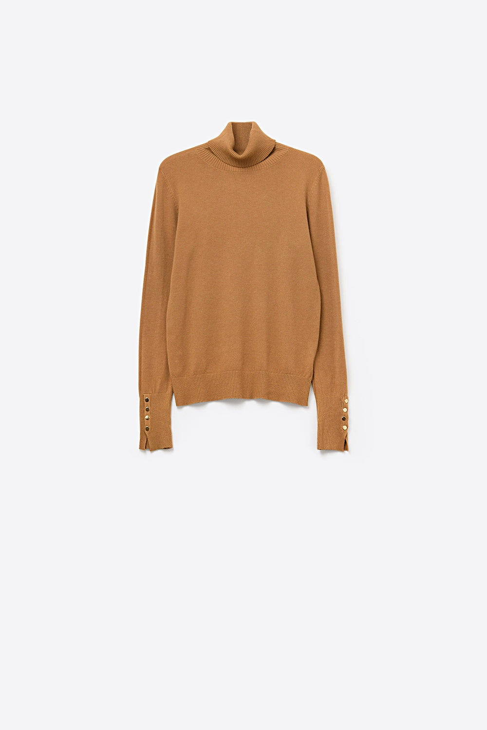 Q2 Camisola de gola alta camel com botões dourados no punho