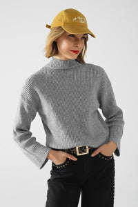 Q2 camisola de gola alta canelada cinzenta