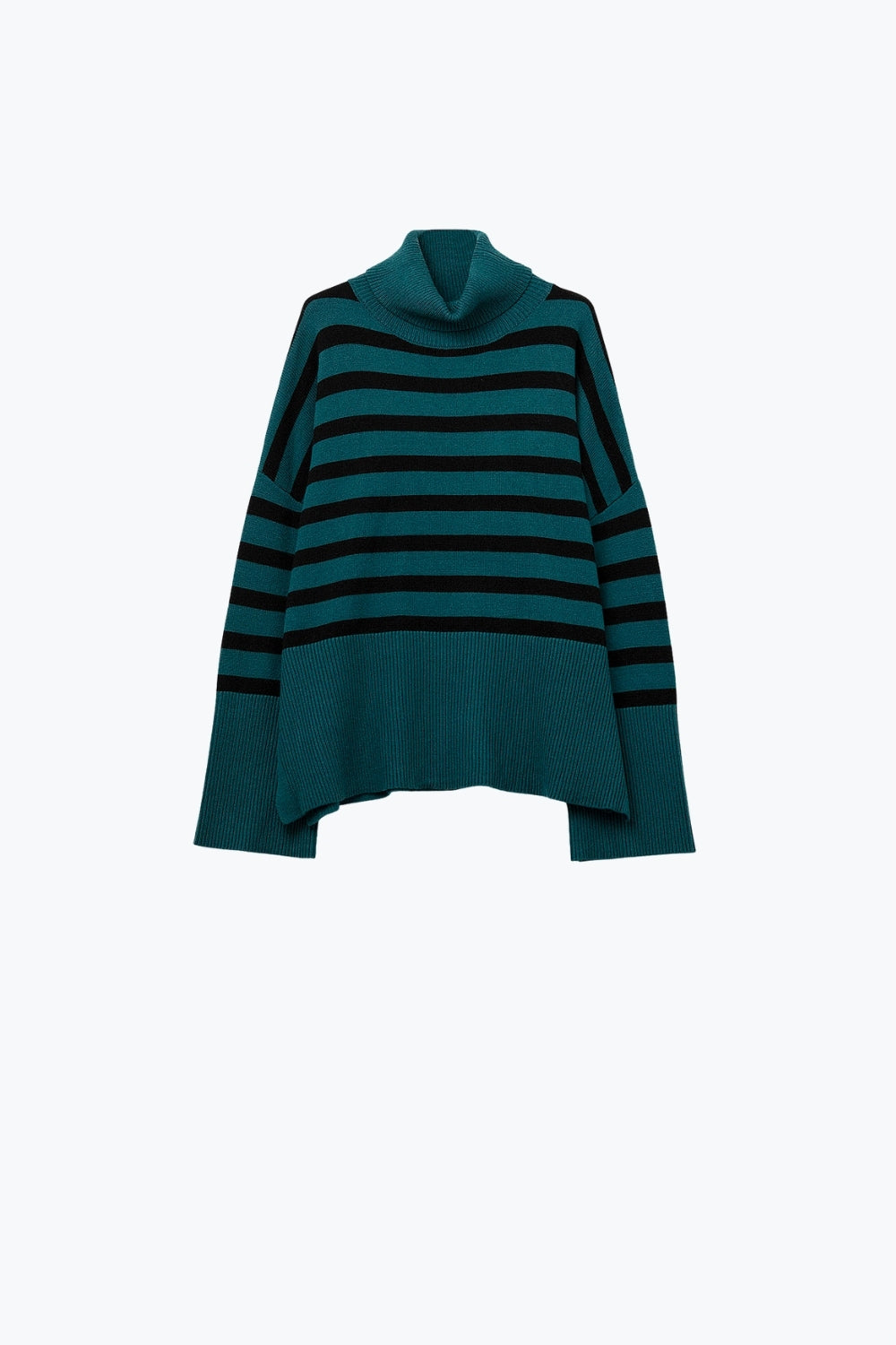 Q2 Camisola de gola alta de grandes dimensões com riscas pretas e fendas laterais