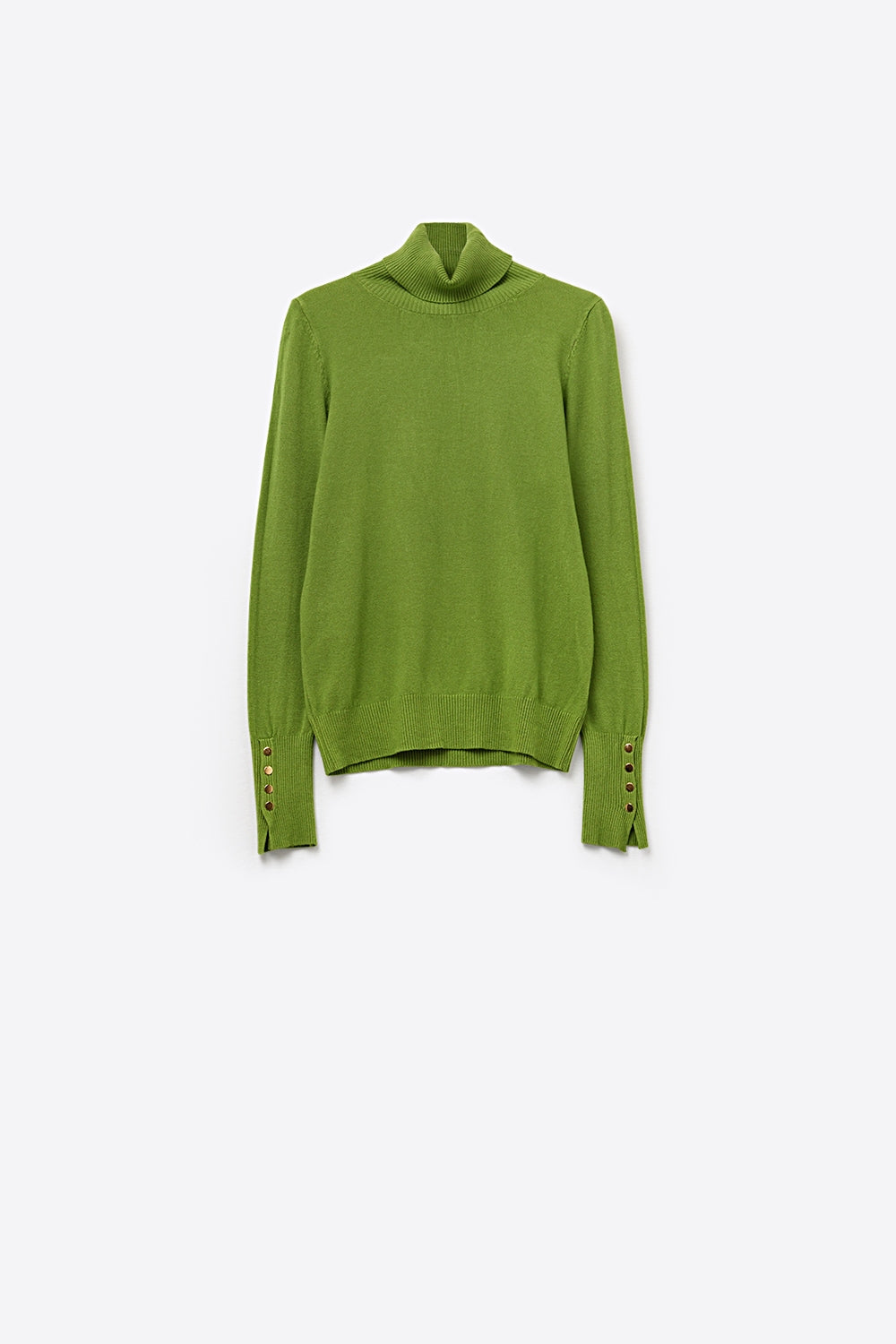 Q2 Camisola de gola alta verde-azeitona com botões dourados no punho