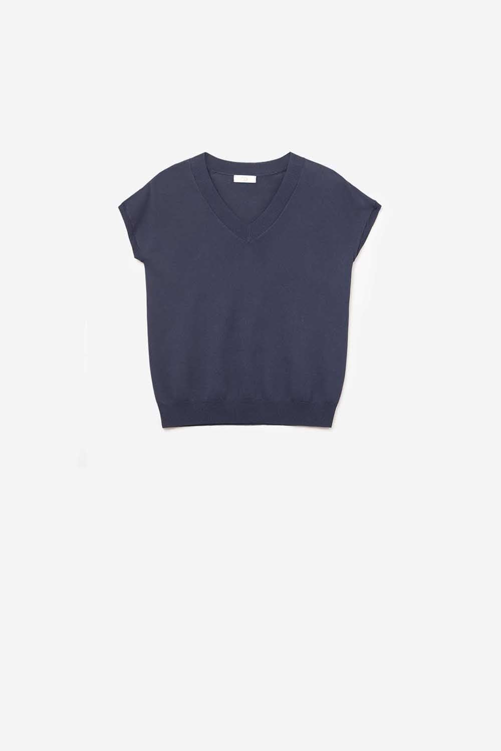 Q2 Camisola de gola em V de malha leve com mangas curtas