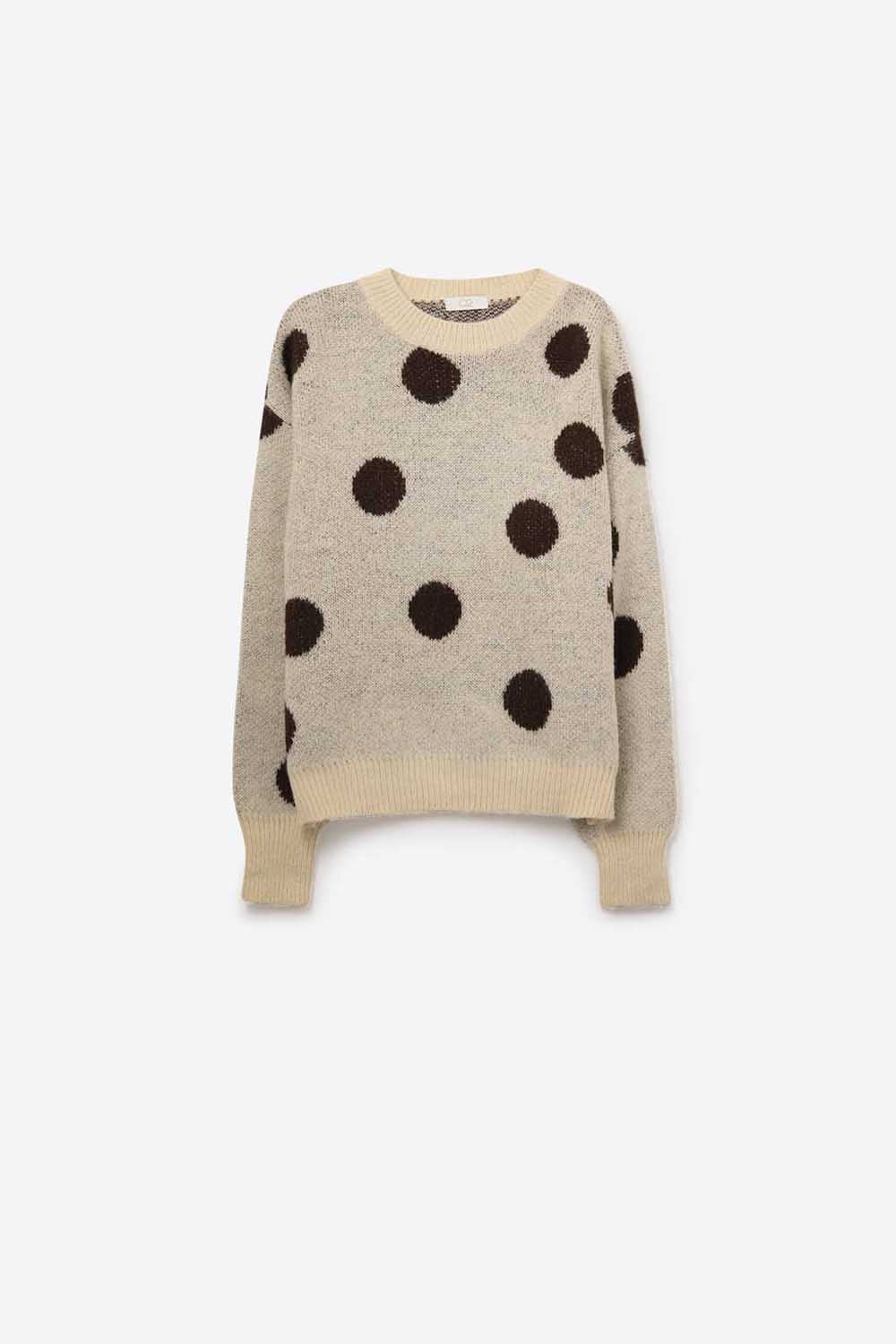 Camisola de gola redonda em creme com bolinhas castanhas