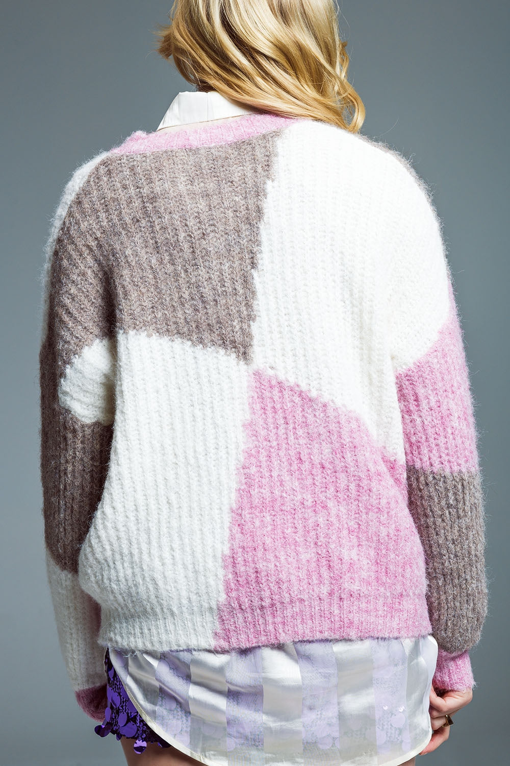 Camisola de grandes dimensões com blocos de cores em canelado cor-de-rosa e castanho