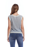 Camisola de malha aberta com corte às riscas e sem mangas em azul e branco