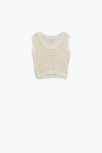 Q2 Camisola de malha aberta com corte às riscas e sem mangas em cream e branco