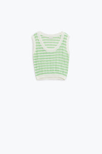 Q2 Camisola de malha aberta com corte às riscas e sem mangas em verde e branco