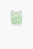 Q2 Camisola de malha aberta com corte às riscas e sem mangas em verde e branco