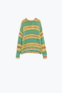 Q2 Camisola de malha aberta com gola redonda às riscas em tons de amarelo e verde