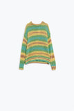 Q2 Camisola de malha aberta com gola redonda às riscas em tons de amarelo e verde