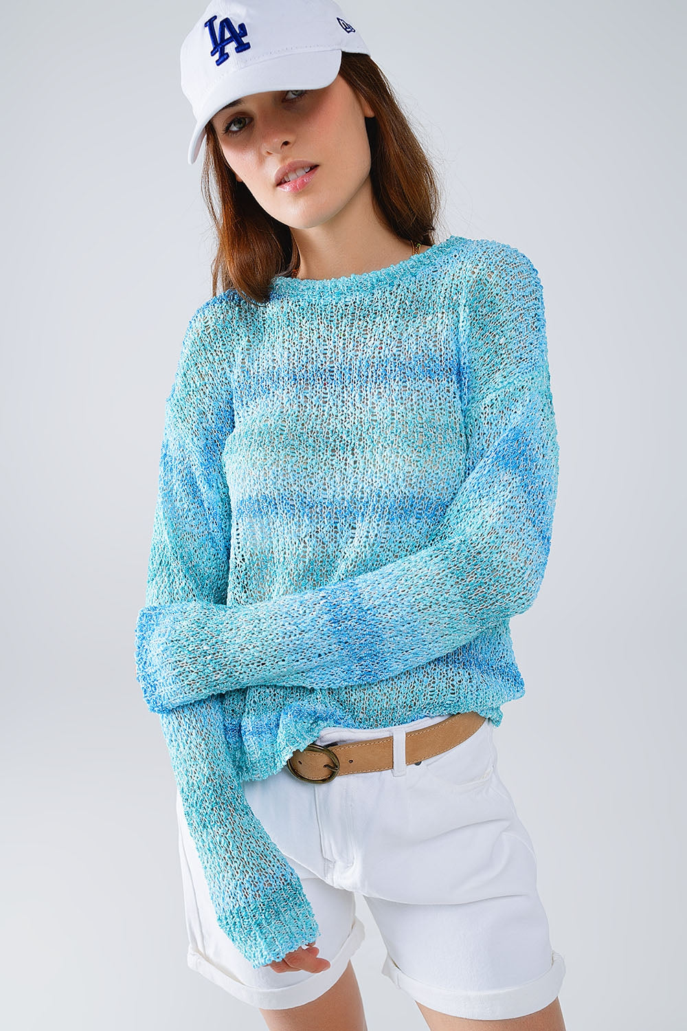 Q2 Camisola de malha aberta com gola redonda às riscas em tons de azul