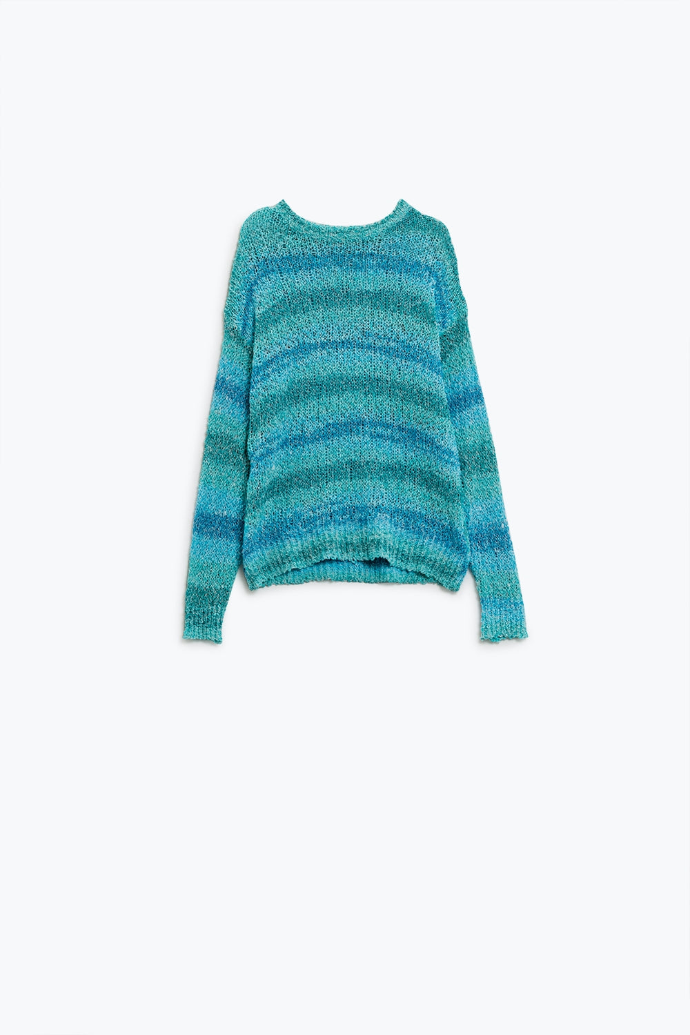 Camisola de malha aberta com gola redonda às riscas em tons de azul