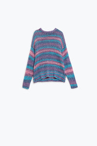 Q2 Camisola de malha aberta com gola redonda às riscas em tons de roxo e azul