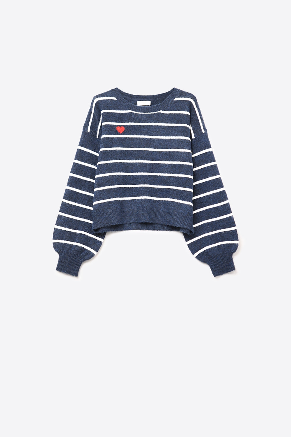 Q2 Camisola de malha às riscas azul-marinho com pormenor de coração vermelho