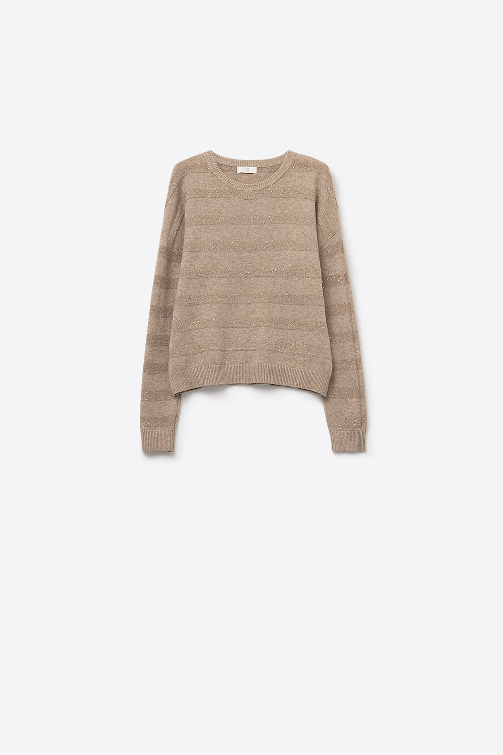Q2 Camisola de malha às riscas bege com pormenores de lantejoulas