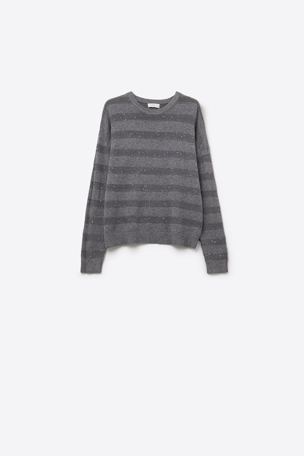 Q2 Camisola de malha às riscas cinzenta com pormenores de lantejoulas