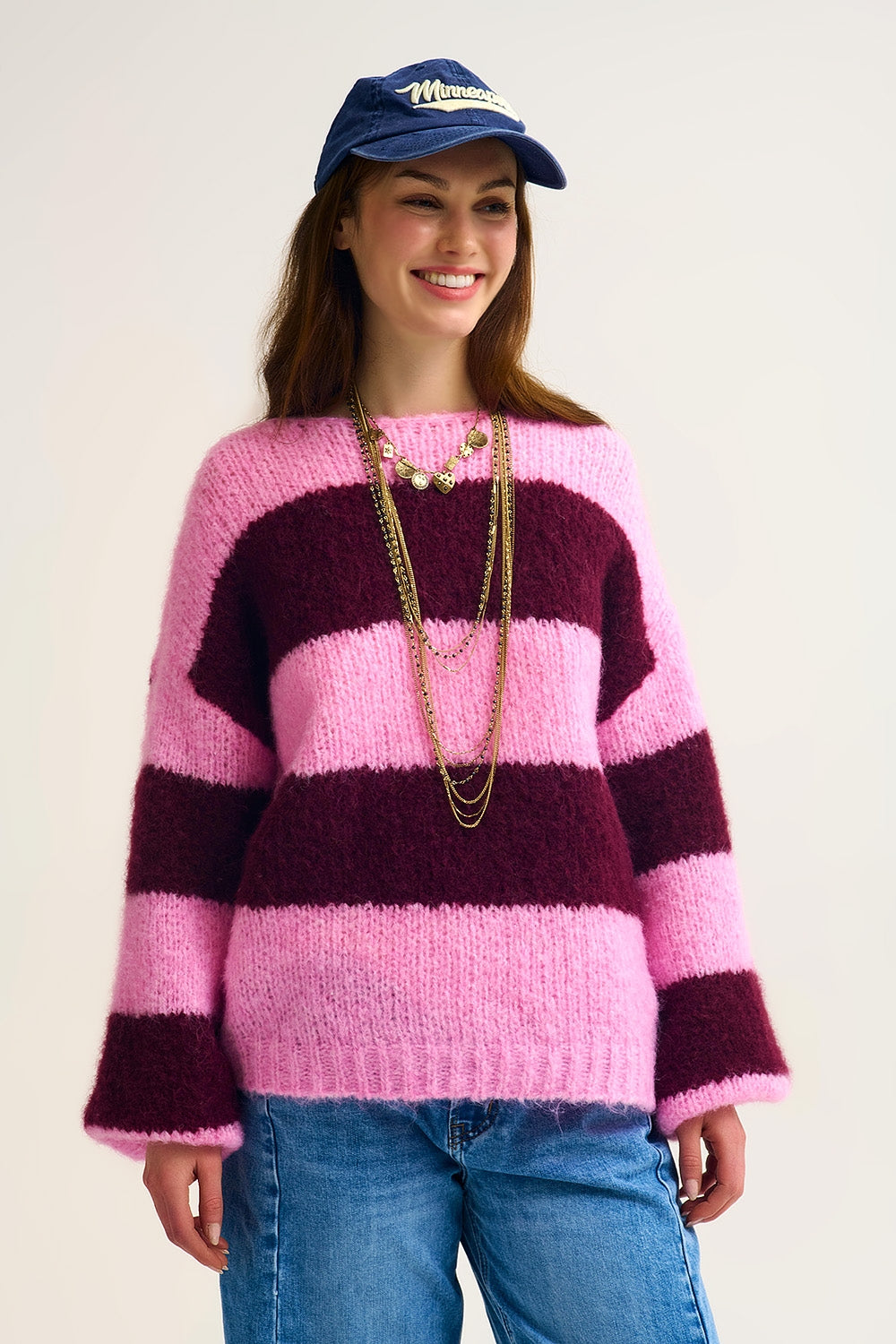 Q2 Camisola de malha às riscas cor-de-rosa com mangas em balão