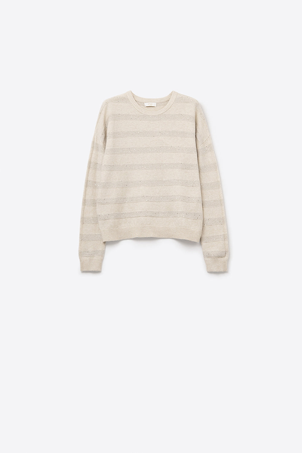 Q2 Camisola de malha às riscas em creme com pormenores de lantejoulas