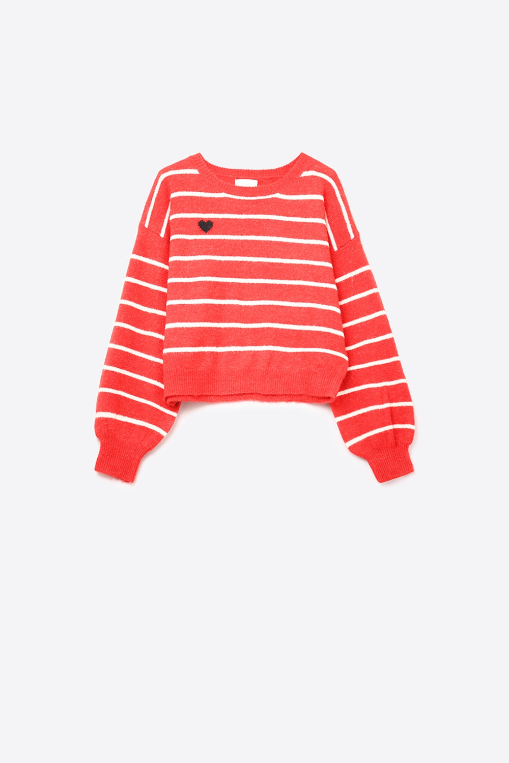 Q2 Camisola de malha às riscas vermelhas com pormenor de coração vermelho