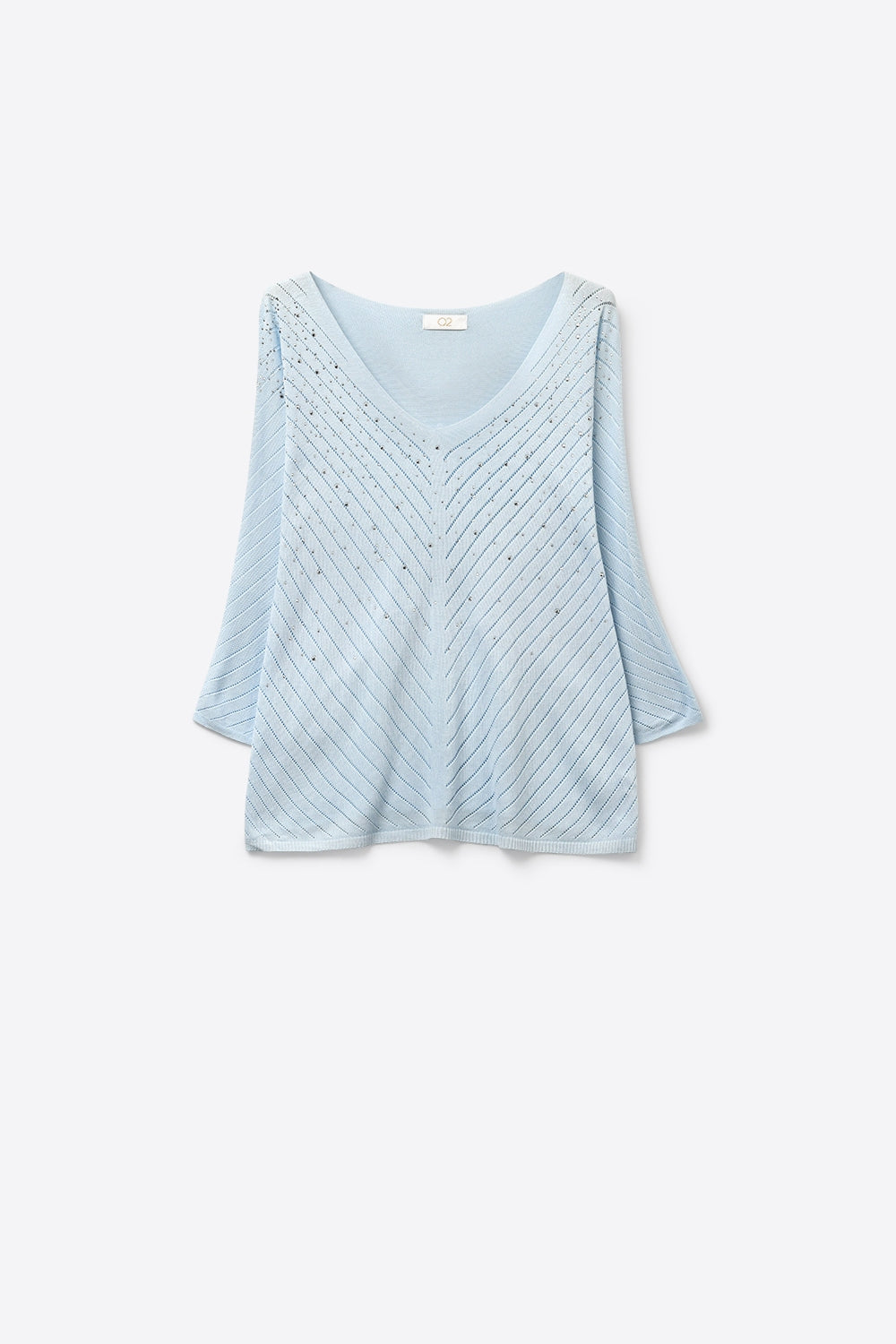 Q2 Camisola de malha azul clara com decote em V e pormenores brilhantes