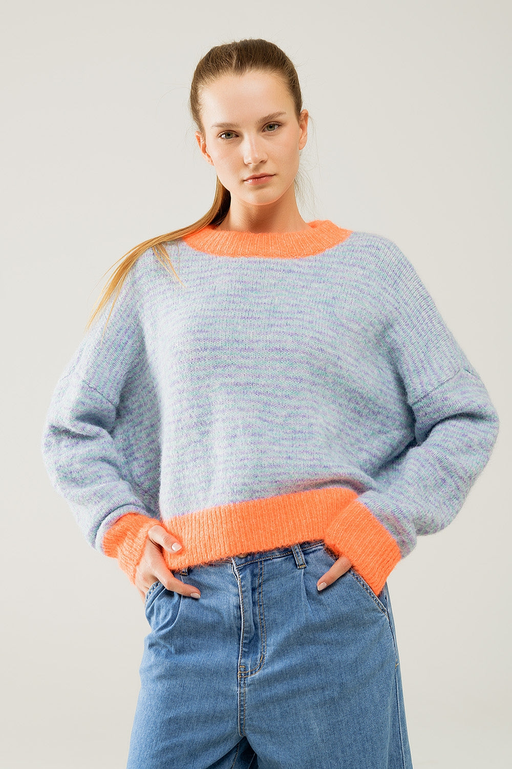 Q2 Camisola de malha azul-clara/laranja de grandes dimensões
