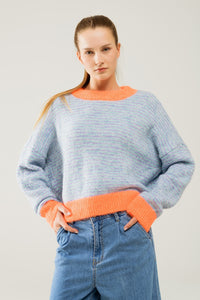Q2 Camisola de malha azul-clara/laranja de grandes dimensões