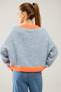 Camisola de malha azul-clara/laranja de grandes dimensões