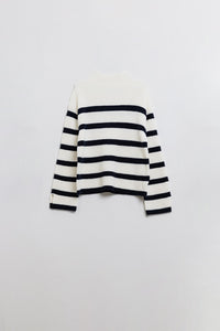 Q2 Camisola de malha canelada em creme com riscas azul-marinho