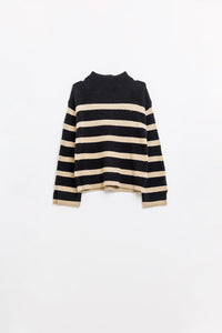 Camisola de malha canelada em preto com riscas camel