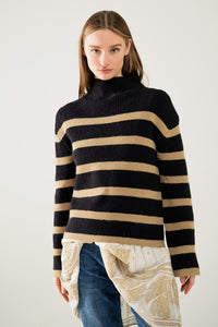 Q2 Camisola de malha canelada em preto com riscas camel