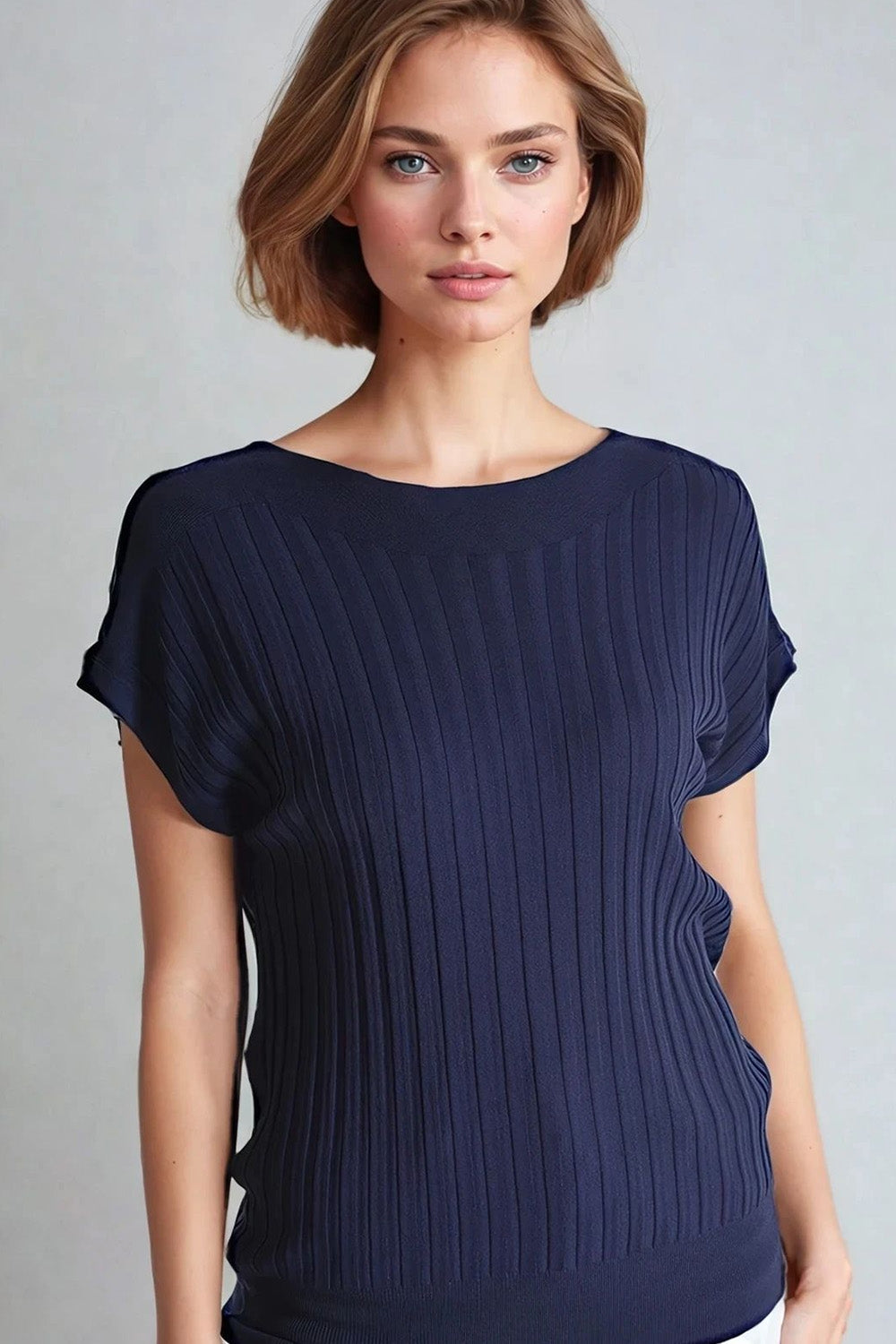 Q2 Camisola de malha canelada fina azul-marinho com gola redonda