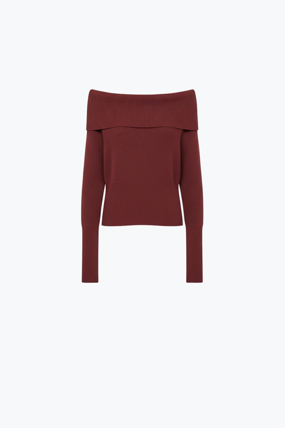 Q2 Camisola de malha canelada fina borgonha com gola redonda larga