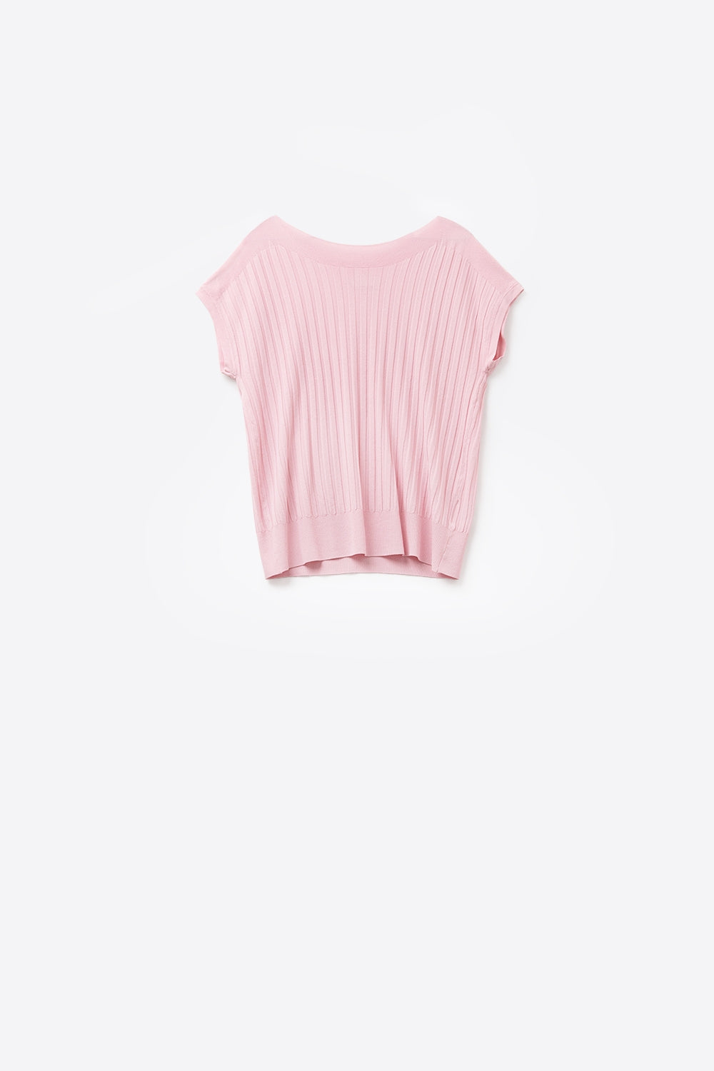 Q2 Camisola de malha canelada fina cor-de-rosa com gola em barco