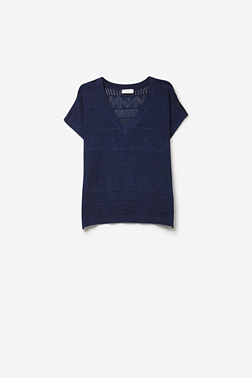 Q2 Camisola de malha com decote em V e textura leve em azul-marinho