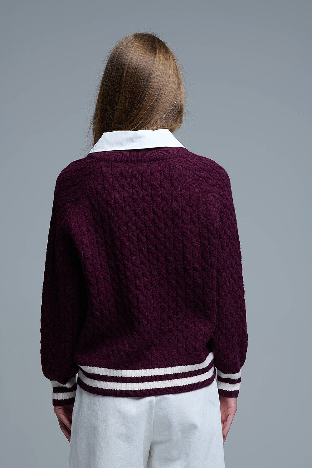 Camisola de malha com decote em V para jovens da Borgonha