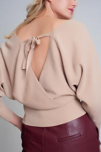 Camisola de malha com gola em V envolvida em bege