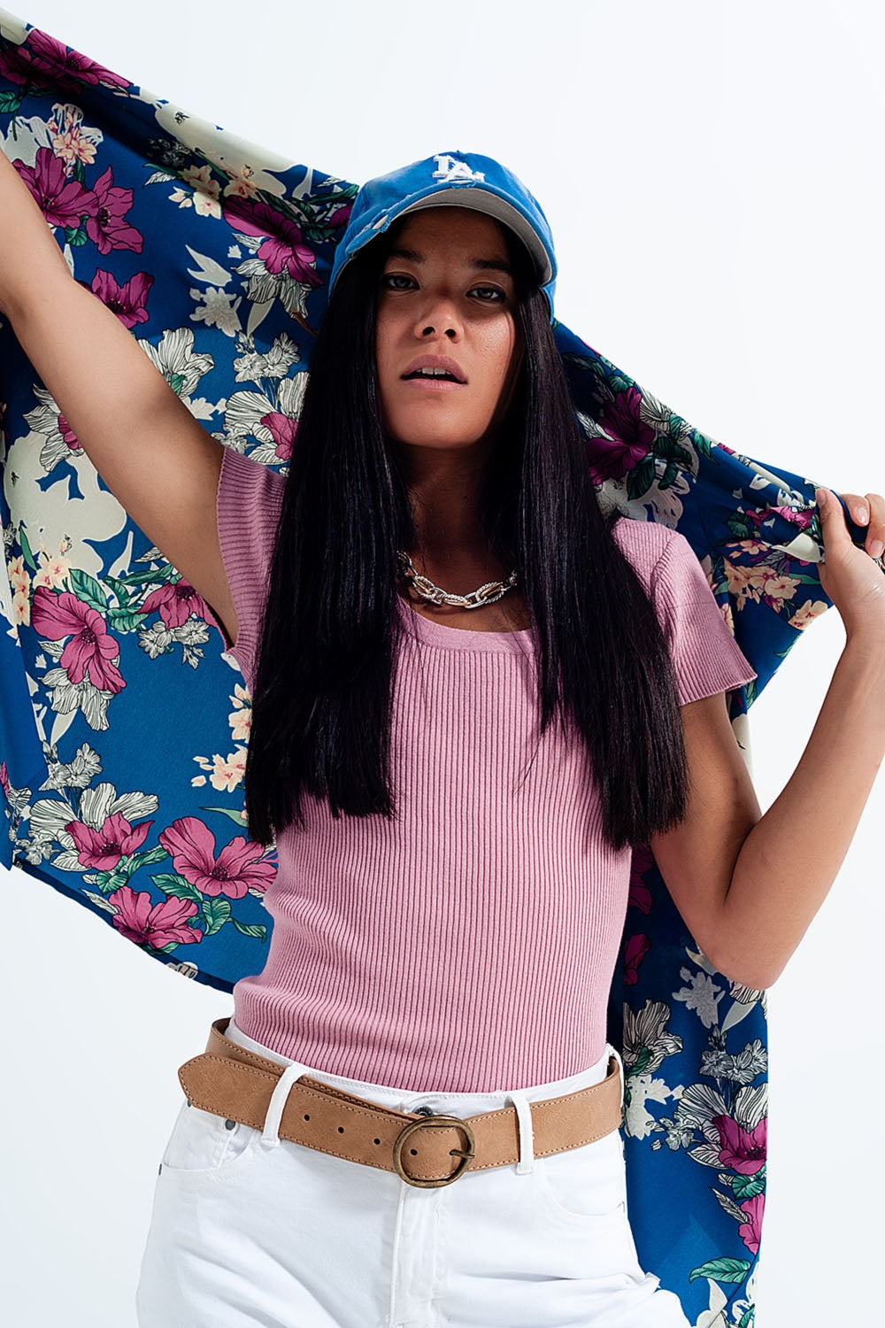 Q2 Camisola de malha com nervuras apertadas e pescoço redondo em rosa