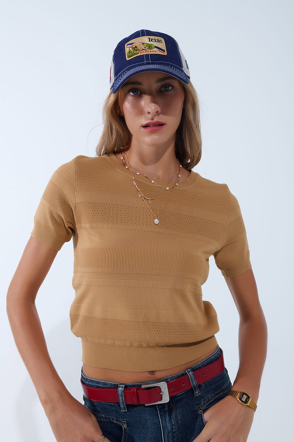 Camisola de malha com riscas texturadas em camel
