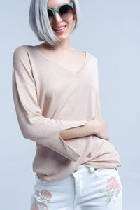 Q2 Camisola de malha cor-de-rosa com detalhes dourados em lurex