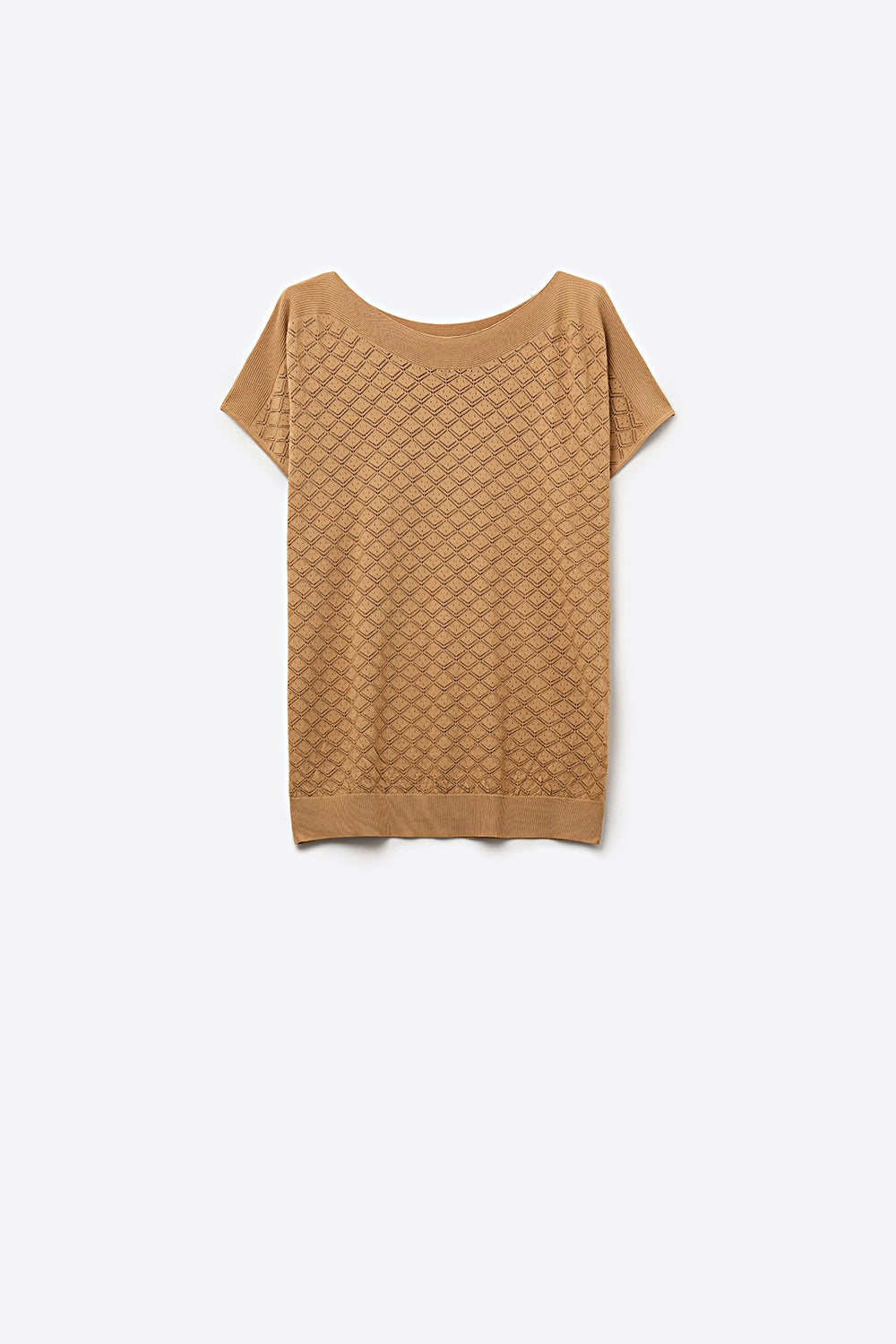Q2 Camisola de Malha de Manga Curta em Camelo com Padrão Texturizado