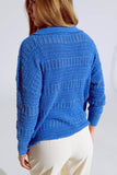 Camisola de malha em croché com decote em V e gola polo em azul