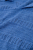 Camisola de malha em croché com decote em V e gola polo em azul