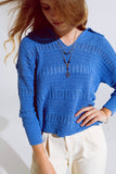 Q2 Camisola de malha em croché com decote em V e gola polo em azul