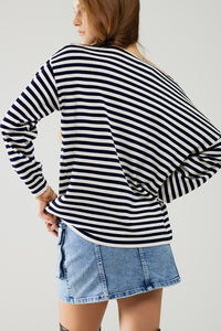 camisola de malha fina às riscas azul-marinho com gola redonda