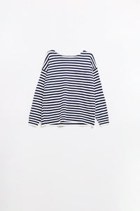camisola de malha fina às riscas azul-marinho com gola redonda