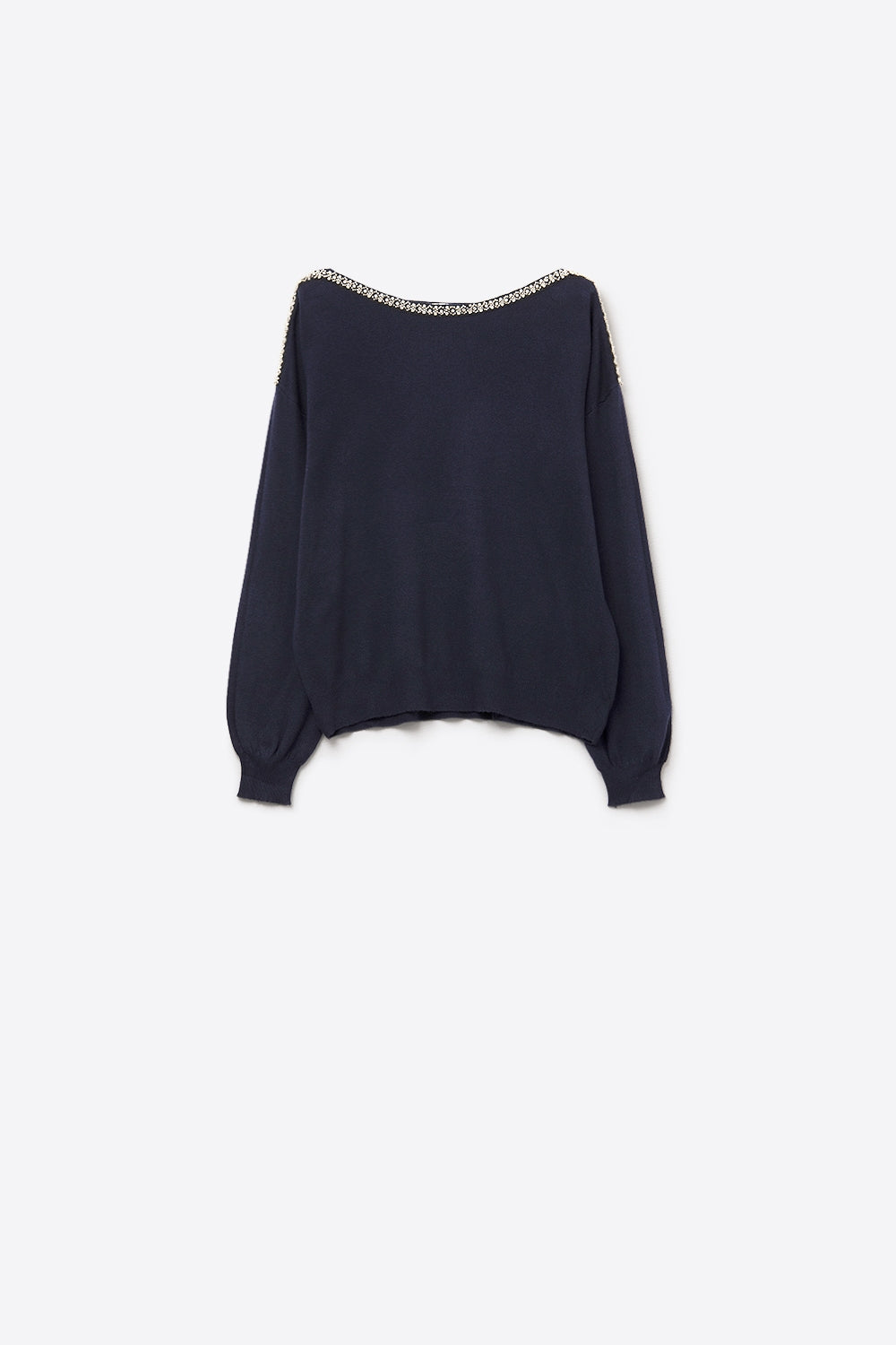 Q2 Camisola de malha fina azul-marinho com gola em barco e pormenor de strass