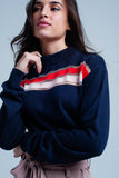 Q2 Camisola de malha fina azul marinho com listra transparente